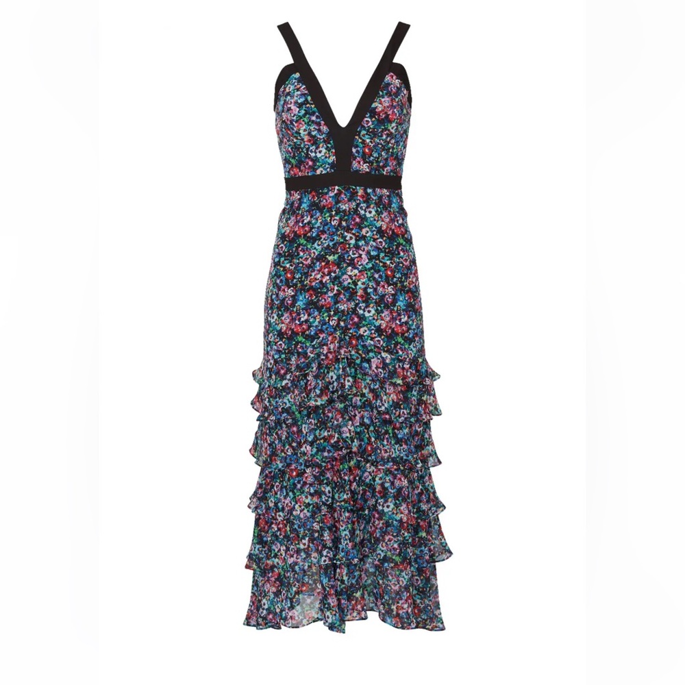 RTR SALONI
Jewel Rosette Lana Dress Black/Floral size 4 Strappy MIDI silk ruffle - Picture 3 of 7